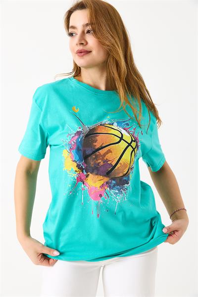 Kadın Basketbol Grafik Baskılı Günlük Tshirt  Yeşil