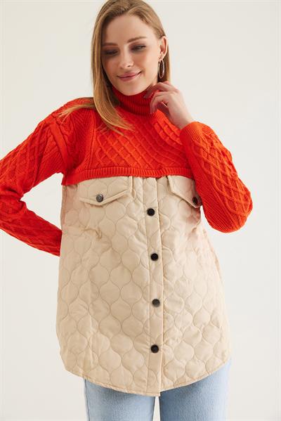 Kapitoneli Baklava Örgülü Triko  Turuncu