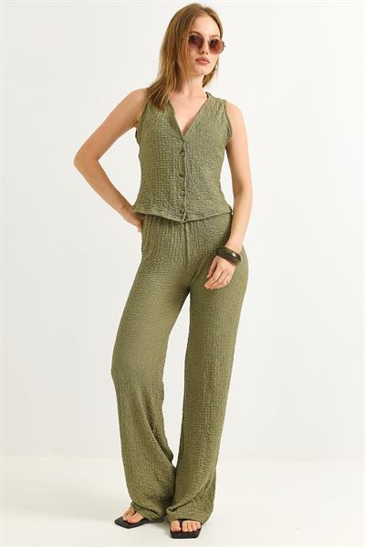 Crop Yelek Pantolon İkili Takım Haki