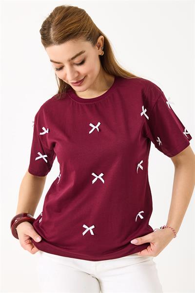 Fiyonk Detaylı Fit Pamuk Tshirt Bordo