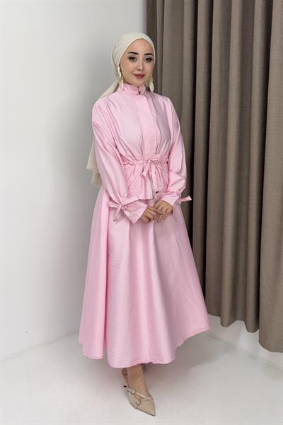 Kadın Beli Büzgü Detaylı Fermuarlı Etekli Takım Pembe