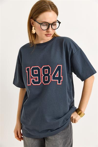 1984 Baskılı Oversize Tshirt Füme