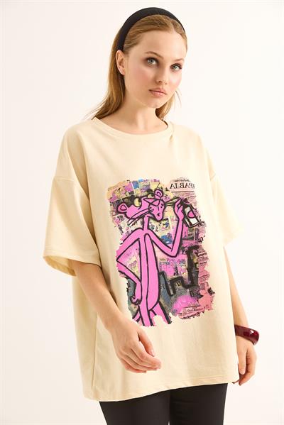 Baskılı Oversize Kesim Kadın Tshirt Sarı