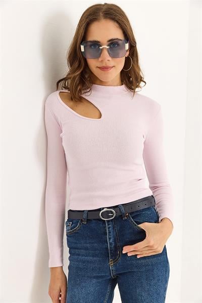 Kadın Fitilli Pencereli Balıkçı Yaka Bluz Pembe