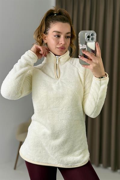 Kadın Yarım Fermuarlı  Welsoft Peluş Ekru Sweatshirt 
