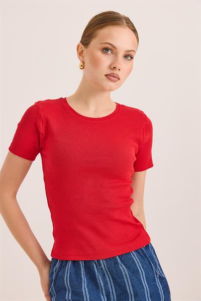 Bisiklet Yaka Örme Kaşkorse Bluz Kırmızı