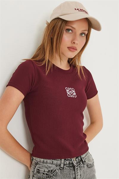 Nakışlı Kaşkorse  Crop Bluz Bordo