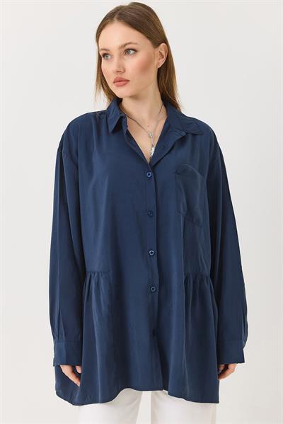 Lacivert Oversize Eteği Fırfırlı  Düğmeli Yumuşak Dokulu Tunik Gömlek