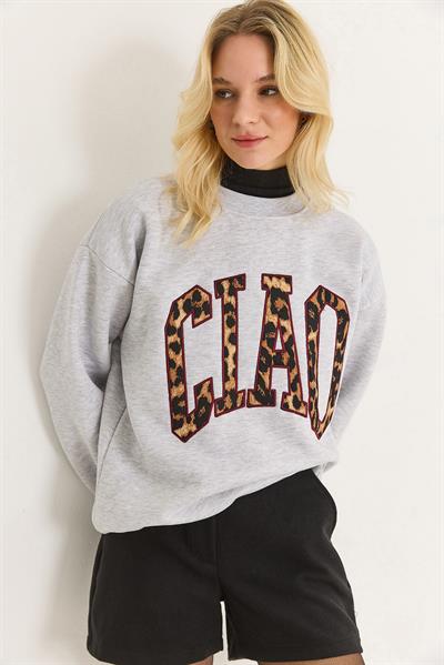 Kadın Üç İplik Leopar Baskılı Sweatshirt Gri