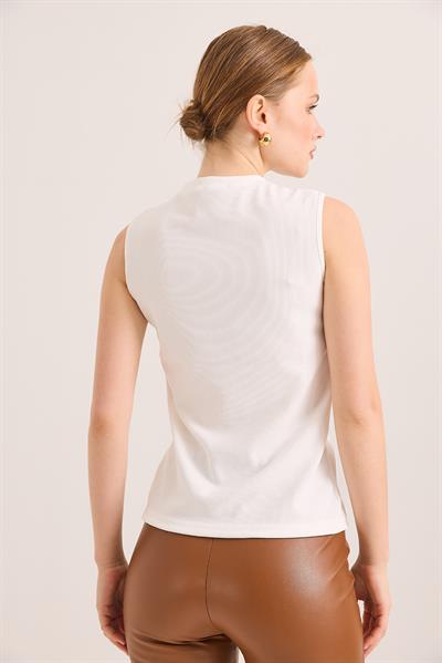 Bisiklet Yaka Gold Düğmeli Ottoman Fitilli Bluz Beyaz