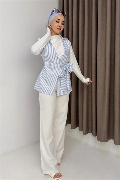 Kadın Gömlek Yaka Belden Bağlamalı Kolsuz Bluz Mavi