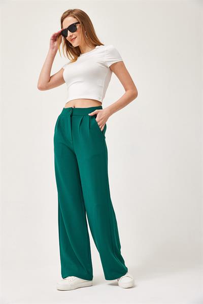 Yüksek Bel Cepli Palazzo Pantolon Yeşil