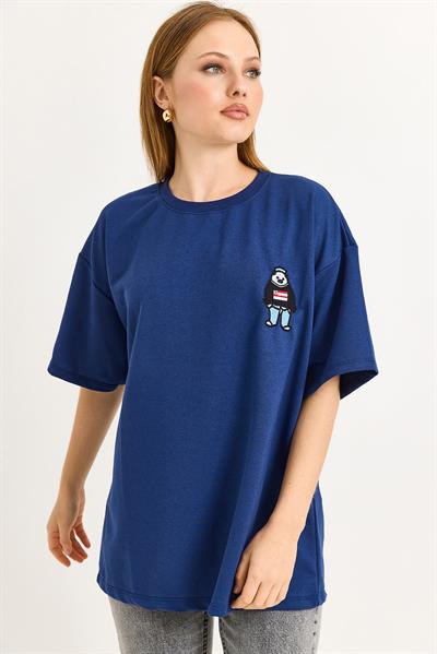 Nakışlı Bisiklet Yaka Tshirt  Lacivert