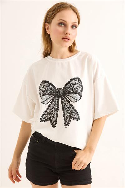 Fiyonk Baskılı Oversize Kesim Tshirt Beyaz