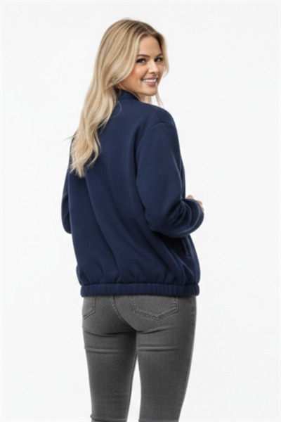 Üç İplik Şardonlu Lacivert Beli Lastikli Fermuarlı Hırka