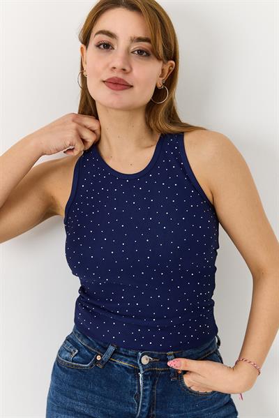Kadın Taş Detaylı Kaşkorse Kalın Askılı Bluz Lacivert