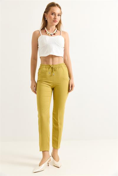 Beli Lastikli Çizgi Desenli Krep Pantolon Sarı