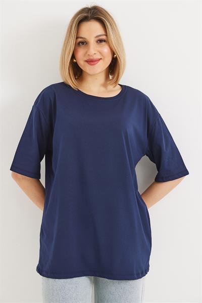 Oversize Bisiklet Yaka Basic Tshirt Lacivert