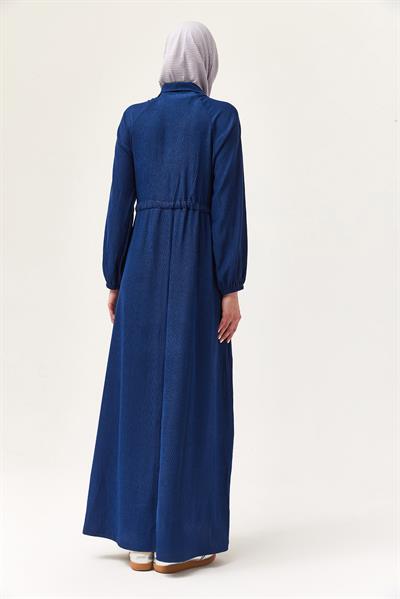 Gömlek Yaka Bel Tünelli Bürümcük Elbise Lacivert
