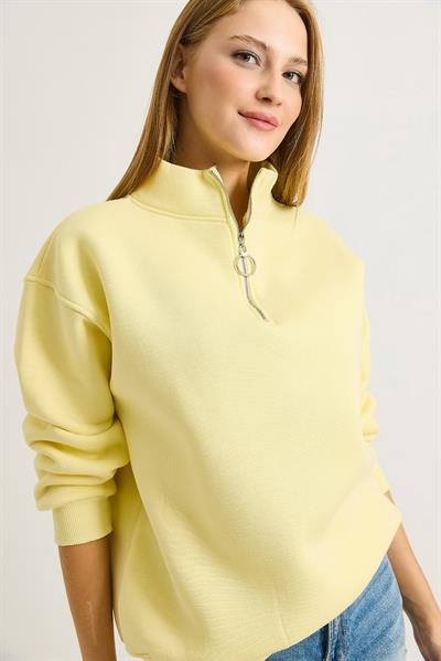 Kadın Yaka Fermuarlı 2 İplik Sweatshirt Sarı