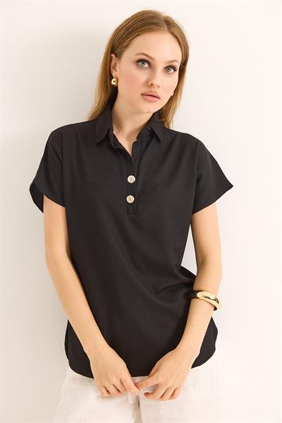 Polo Yaka Oval Kesin Kadın Tshirt Siyah
