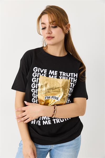 Kadın Dokulu I M Fıne Yazılı Bisiklet Yaka Tshirt Siyah