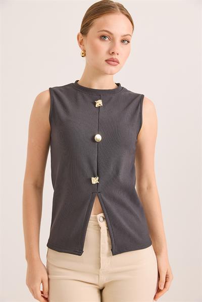 Bisiklet Yaka Gold Düğmeli Ottoman Fitilli Bluz Füme