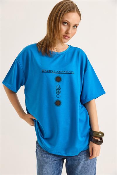 Bisiklet Yaka Kısa Kol Baskılı Tshirt Mavi