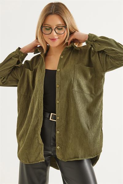 Oversize Fitilli Kadın Gömlek Haki