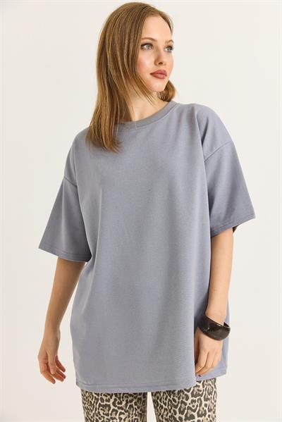 Basic Bisiklet Yaka Tshirt Gri