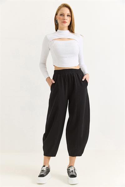 Kadın Beli Lastikli Gabardin Siyah Şalvar Pantolon
