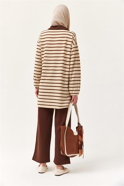 Fermuarlı Çizgili Gömlek Yaka Takım Kahverengi