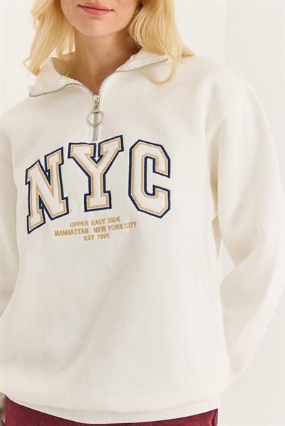 Nyc Nakışlı Fermuar Detaylı Dik Yaka Oversize Sweatshirt Beyaz