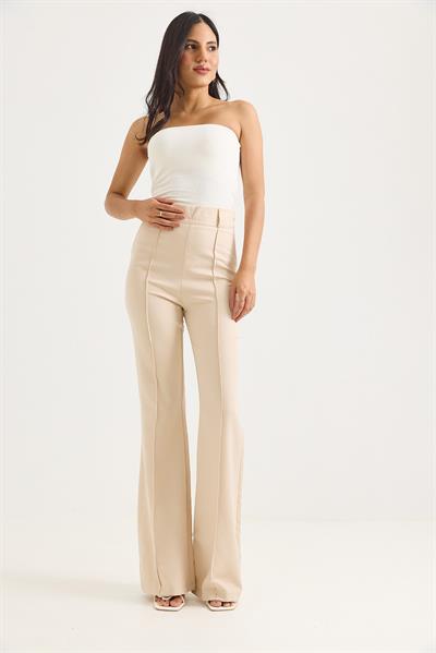 Çımalı İspanyol Paça Yüksek Bel Pantolon Krem
