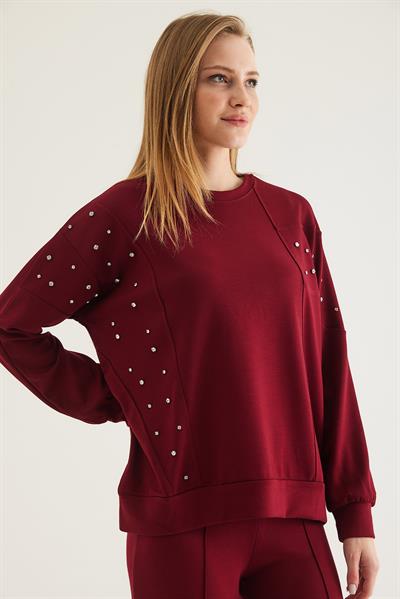 Taş Detaylı Modal Sweatshirt Bordo