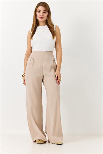 Kadın Beli Lastikli Yandan Fermuarlı Salaş Kesim Mevsimlik Pantolon Vizon
