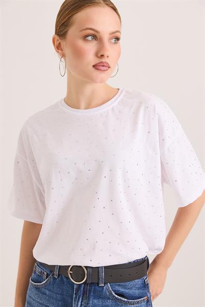 Taş Detaylı Rahat Kalıp Premium Pamuk Tshirt	Beyaz