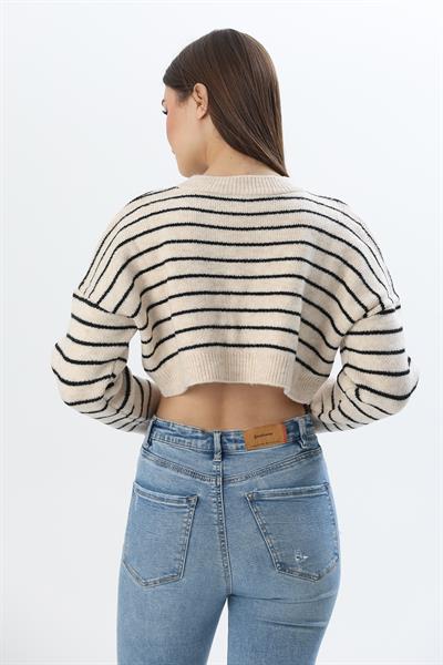 İnce Çizgili Crop Triko Kazak Bej