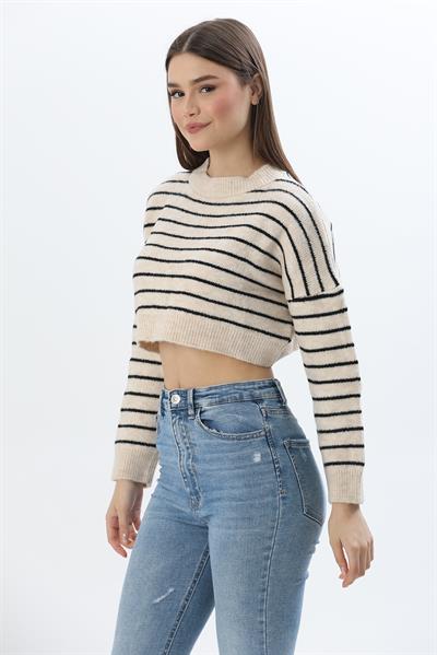İnce Çizgili Crop Triko Kazak Bej