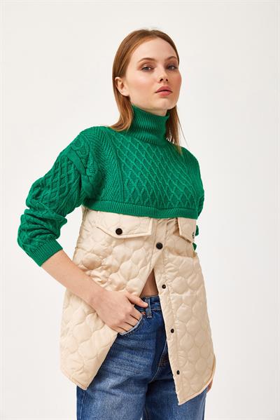 Kapitoneli Baklava Örgülü Triko Kazak Yeşil
