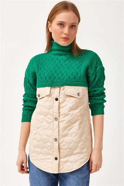 Kapitoneli Baklava Örgülü Triko Kazak Yeşil