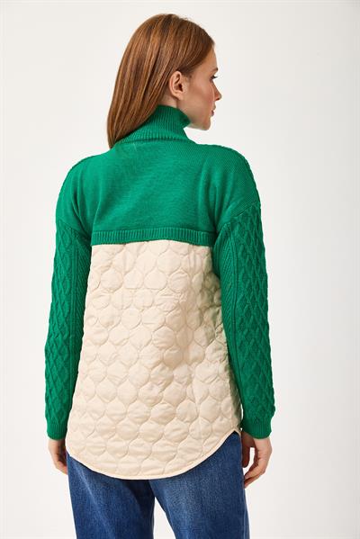 Kapitoneli Baklava Örgülü Triko Kazak Yeşil