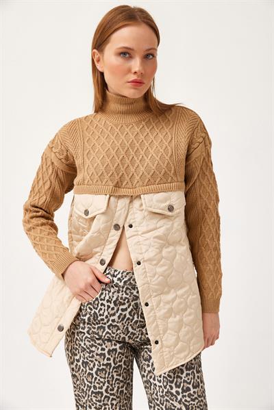 Kapitoneli Baklava Örgülü Triko Kazak Vizon