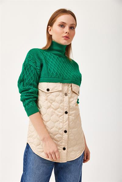 Kapitoneli Baklava Örgülü Triko Kazak Yeşil