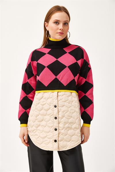 Kapitoneli Ekose Triko Kazak Fuşya