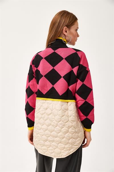 Kapitoneli Ekose Triko Kazak Fuşya