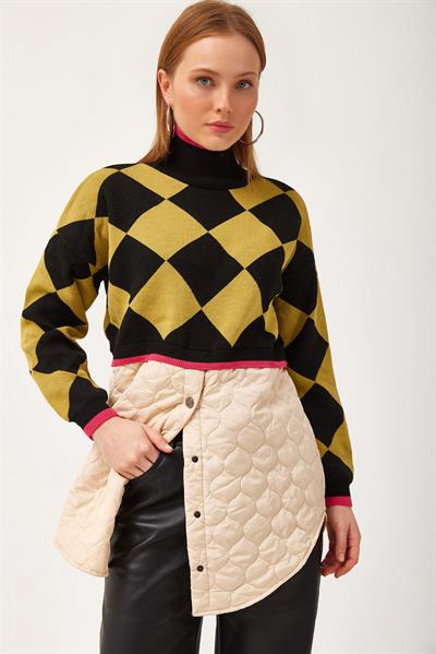 Kapitoneli Ekose Triko Kazak Hardal