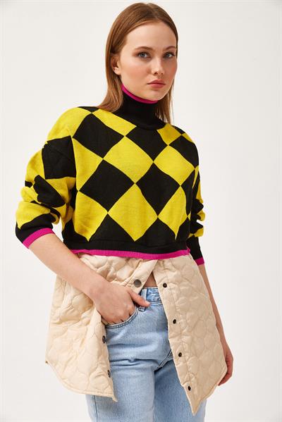 Kapitoneli Ekose Triko Kazak Sarı