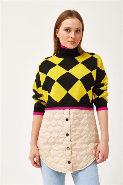 Kapitoneli Ekose Triko Kazak Sarı