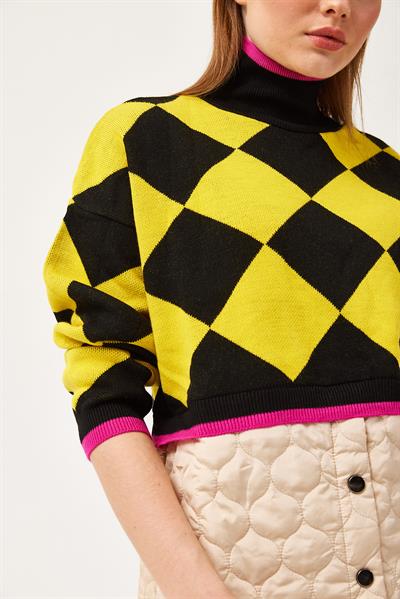 Kapitoneli Ekose Triko Kazak Sarı